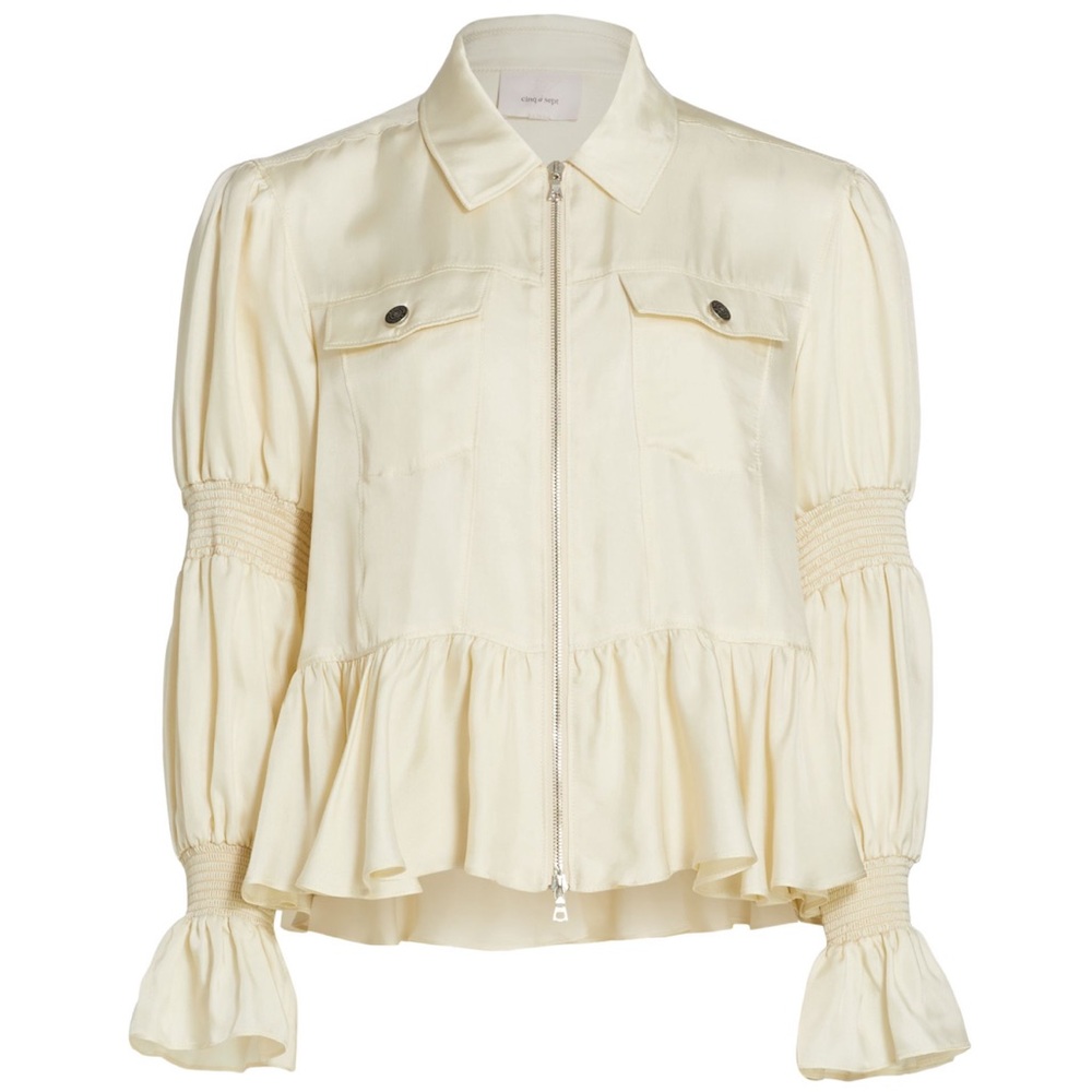 CINQ À SEPT LIBBEN SHIRRED CUPRO-TWILL PEPLUM JACKET IN OFF-WHITE